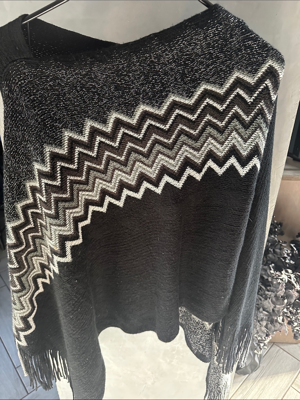Black & White Zigzag Knit Poncho - Women's Sweater Wrap